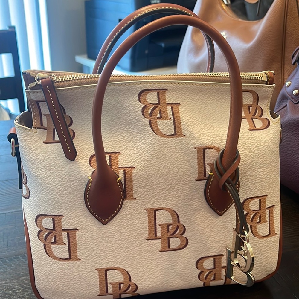 Beige Authentic Dooney & Bourke Italian Coated Cotton Monogram Satchel